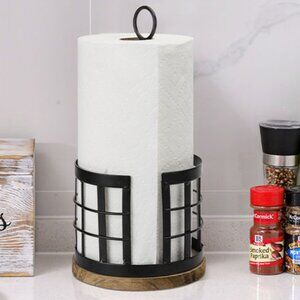 Black Metal Modern Paper Towel Holder Kitchen Countertop Stand Wooden base